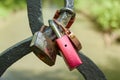 Love lock locks hang from a bridge