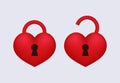 Love lock open and locked. Sign of red romantic security and privacy access to heart.