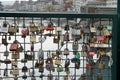 Love lock or love padlock bridge in Zurich, Switzerland over river Limmat.