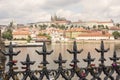 Love locks on ancient fence in Prague with view of Prague Castle