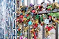 Love locks connected to a bridge Royalty Free Stock Photo