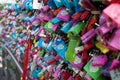 Love locks on a fence, close-up in Seoul, South Korea.