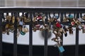 Love locks at nyhavn in Copenhagen, Denmark.