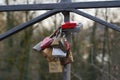 Love locks or love padlocks  on a bridge in downtown of Waldshut in Germany. Royalty Free Stock Photo