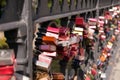 Love locks padlocks on a bridge in Hamburg, Germany Royalty Free Stock Photo