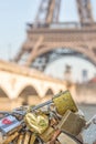 Love locks in Paris, Eiffel tower in the background Royalty Free Stock Photo