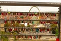 love locks at the Petersberg hill in Erfurt with view over the cathedral square in the background