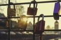 Love locks at sunset in Strasbourg Royalty Free Stock Photo