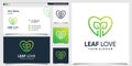 Love logo with leaf inside, line art style and business card design template Premium Vector Royalty Free Stock Photo