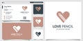 Love logo with silhouette pencil inside and business card design Premium Vector