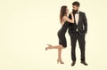 Love in look. love date for man and woman. formal couple of tuxedo man and sexy girl. engagement and proposal