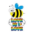 Love is Love - LGBT pride slogan against homosexual discrimination. Funny bee. Royalty Free Stock Photo