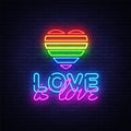 Love is Love neon text vector design template. LGBT neon logo, light banner design element colorful modern design trend