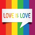 `Love is love` text in white chat bubble on rainbow color background Royalty Free Stock Photo