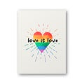 Love is Love. Watercolor Heart with LGBT Flag. Vector Design for T-shirt, Plackard Print, Pride Month Concept