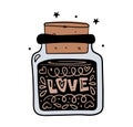 Love. Magic jar with love potion, boho style hand drawing, witch tattoo, tarot card. Vector sketch illustration isolated on white