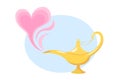Love Magic Lamp. Aladdin's golden genie lamp and pink smoke in the shape of a heart in cartoon style. Vector