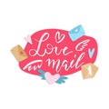 Love mail - hand-drawn lettering. Print concept with hand drawn bush calligraphy ans flat illustrations of letters