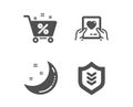 Love mail, Loan percent and Moon stars icons. Shield sign. Valentine letter, Shopping cart, Night. Vector