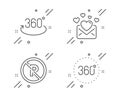 Love mail, No parking and Full rotation icons set. 360 degrees sign. Valentines letter, Car park, 360 degree. Vector