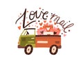 Love mail. Romantic lettering composition for 14 February. Cute truck with many envelopes and letters with hearts for St