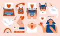 Modern colorful illustration with vintage typewriter, phone, women holding heart, dove, birdie, letter, french bulldog.