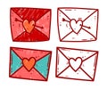 Love mail, simple line art envelopes with heart decor. Vector set