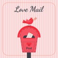 Love mailbox and cute bird with a letter. Valentine\'s Day concept. Love message, post