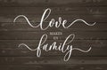 Love makes us family. Modern calligraphy inscription poster.