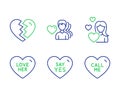 Love, Man love and Break up icons set. Say yes, Call me signs. Romantic people, Divorce, Wedding. Sweetheart. Vector