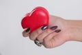 Love for manicure art concept. Beauty hands holding red heart shaped jewelry box. Stylish pastel burgundy velvet gel Nails