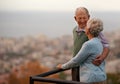 Love, marriage and senior couple on balcony of home together with view of nature for romantic getaway. Smile Royalty Free Stock Photo