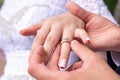 Love and marriage. Wedding ceremony. Close up of groom putting golden ring on the bride& x27;s finger Royalty Free Stock Photo