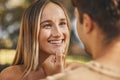 Love, man touching woman chin for happiness, intimacy and bonding being loving, happy or smile together. Romance, couple Royalty Free Stock Photo