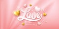 LOVE message paper cut, pink and gold heart design banner on curtain pink background