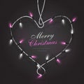 Realistic 3d heart shape metallic frame with glowing pink string lights, christmas, new year, valentine and wedding celebration ca