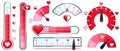 Love meter. Valentines Day card, love indicator with red hearts and love thermometer. Red heart meters vector set Royalty Free Stock Photo