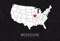 Love Missouri Picture. Map of United States with Heart as City Point. Vector Stock Illustration