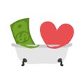 Love and money In bath. Selling love. Dollar and heart wash in b