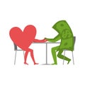 Love and money in cafe. Selling love. Dollar and heart sitting a