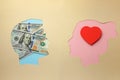 Love for money. Marriage of convenience. Prostitution, intimate services for money. Man and woman with money dollars and red heart
