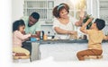 Love, morning breakfast food and black family children, mother and father eating meal, bonding and prepare ingredients Royalty Free Stock Photo