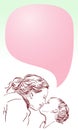 Love of mother and daughter. Little girl kissing her mom in lips. Family, children and happy people concept banner with pink speec Royalty Free Stock Photo