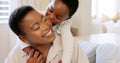 Love, mother and excited child hug playing together bonding in bedroom at house. Happy black woman and baby affection Royalty Free Stock Photo