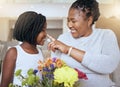 Love, mother and girl smile, happy and together for bonding, loving and happiness together. Mama, daughter and black Royalty Free Stock Photo