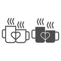 Love mugs line and glyph icon. Cups with heart vector illustration isolated on white. Two valentine mugs outline style