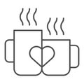 Love mugs thin line icon. Cups with heart vector illustration isolated on white. Two valentine mugs outline style design