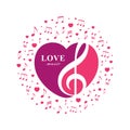 Love music illustration with treble clef inside the heart shape