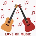 Love of music illustration vector isolated on white background. Cute hand-drawn red, and yellow cartoon guitars with music notes. Royalty Free Stock Photo