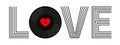 LOVE. Musical vinyl record disk. Red heart label center. Happy Valentines Day greeting card, poster, banner. Music sound audio Royalty Free Stock Photo